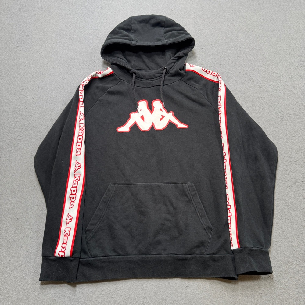 Kappa Hoodie Men's Medium Black Logo Tape Loose Fit Fleece Pullover Sweatshirt